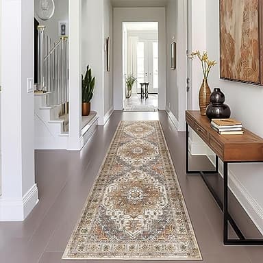 Madane Runner Rug 2x8, Washable Hallway Runner Rugs, Non-Slip Low-Pile Soft Kitchen Rug Runner Laundry Room Rug, Vintage Throw Entry Foyer Mat for Entrance Living Room (Turmeric/Grey, 2 x 8) - Image 1
