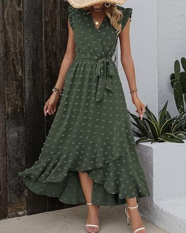 BTFBM Women V Neck Summer Dress 2025 Cap Sleeve Swiss Dot Boho Flowy Ruffle Slit Beach Party Long Maxi Cocktail Dresses(Army Green, Medium) - Image 3