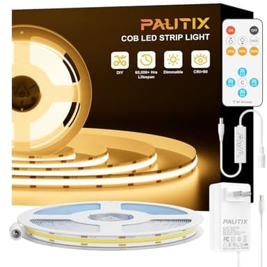 PAUTIX COB LED Strip Light 16.4ft,Engineering Level UL Listed Warm White 2700K,CRI93+ Super Bright High Lumen,Dimmable 24V Flexible LED Tape Light with RF Remote,for Cabinets,Home&Office DIY Lighting - Image 1