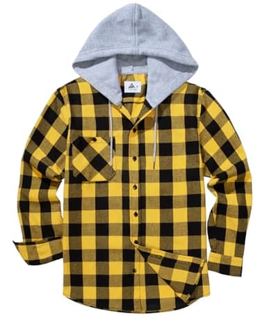 ZITY Men's Flannel Hoodie Shirts Casual Button Down Plaid Shirt Jackets for Men Long Sleeve Stylish Hooded with Pocket Yellow Medium - Image 2