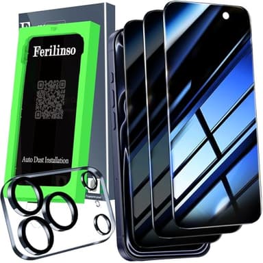 Ferilinso Auto-Dust-Install 3 Pack Privacy Screen Protector for iPhone 17 Pro Max with (Private Accessories)-Metal Aluminum Alloy Camera Lens Protector, Tempered Glass Cover, Case Friendly - Image 1