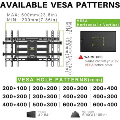 USX MOUNT UL Listed TV Wall Mount for 42"-84" TVs up to 110lbs and 8"-24" Wood Studs, TV Mount with Tilt, Swivel & Extension, Wall Mounts Bracket with Dual Articulating Arms, Max VESA 600x400mm - Image 7