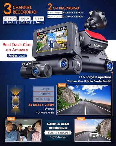 ROVE R3 Dash Cam Front and Rear with Cabin, 3” IPS Touch Screen, 3 Channel Dash Cam 1440P+1080P+1080P, IR Night Vision, 5GHz WiFi, Up to 30MB/s Download Speed, Quad-Mode GPS, Supports 512GB Max - Image 3