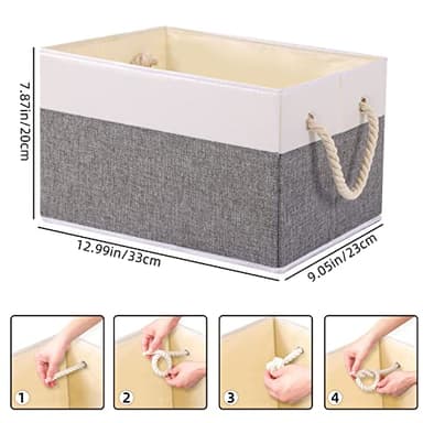 Yawinhe Foldable Storage Basket 5-Pack, Large Fabric Bins with Rope Handle, Used for Organizing Shelves, Closets, Clothes, 12.99''Lx9.05''Wx7.87''H, White/Grey - Image 4