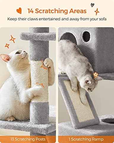 Feandrea Cat Tree, 81.1-Inch Large Cat Tower with 13 Scratching Posts, 2 Perches, 2 Caves, Basket, Hammock, Pompoms, Multi-Level Plush Cat Condo for Indoor Cats, Light Gray UPCT190W01 - Image 5