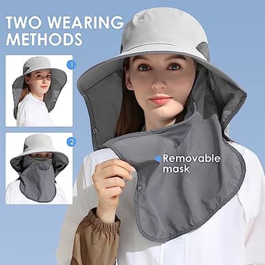 Outdoor Sun Hat Detachable Neck Face Flap UPF 50+UV Protection Visor Fishing Hats with Neck Flap for Men & Women Light Grey - Image 2