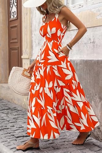 PRETTYGARDEN Women's Summer Floral Maxi Dress Sleeveless Smocked Ruffle Long Flowy Beach Vacation Boho Sundresses (Floral Orange Beige,Small) - Image 5