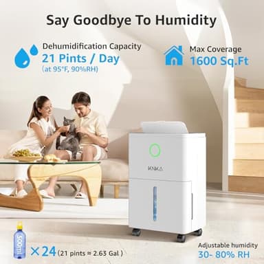 KNKA 1600 sq.ft Dehumidifier for Basement, 21 Pint Dehumidifiers for Home with Drain Hose, Continuous Drainage, Washable Filter, Intelligent Humidistat for Bedroom, Bathroom, Large Room - Image 2