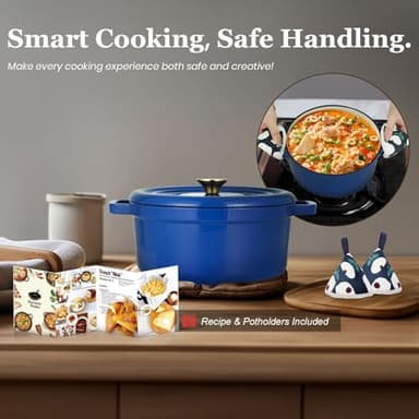 Overmont Enameled Cast Iron Dutch Oven - 5QT Pot with Lid Cookbook & Cotton Potholders - Heavy-Duty Cookware for Braising, Stews, Roasting, Bread Baking blue - Image 5