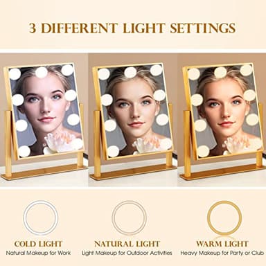 BWLLNI Vanity Mirror with Lights, Hollywood Mirror Lighted Makeup Mirror with 9 LED Bulbs, Touch Control Design 3 Colors Dimmable Bulbs Detachable 10X Magnification 360°Rotation(Gold) - Image 2