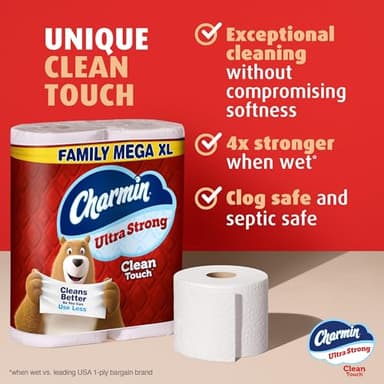 Bounty Quick-Size Paper Towels, White, 16 Family Rolls, Charmin Ultra Strong Clean Touch Toilet Paper, 18 Family Mega XL Rolls - Image 4