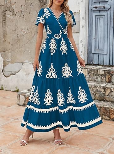 PRETTYGARDEN Womens 2025 Summer Casual V Neck Boho Maxi Dress Flowy Aline Bell Sleeve Tiered Floral Dresses with Pocket (Floral Lake Blue White,Small) - Image 3