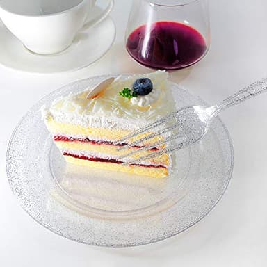 I00000 144Pcs Silver Glitter Dessert Plates Set, Includes 72Pcs Plastic Dessert Plates 7.5",72Pcs Silver Forks 7.4", Plastic Salad Plates for Thanksgiving - Image 3