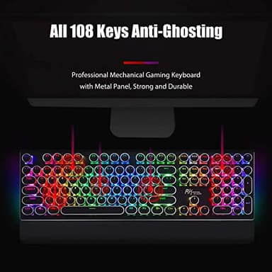 RK ROYAL KLUDGE S108 Typewriter Keyboard, Retro Mechanical Gaming Keyboard Wired 108 Keys with RGB Backlit Sidelight, Detachable Wrist Rest, Round Keycaps Blue Switches - Black - Image 4