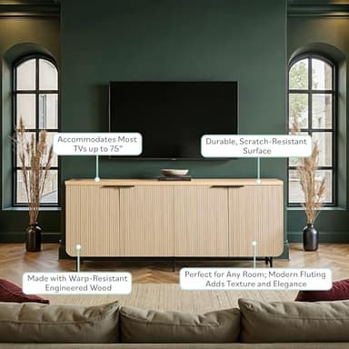 Walker Edison Reema Fluted 4-Door Kitchen Sideboard Buffet Console, 69 Inch, Coastal Oak - Image 5