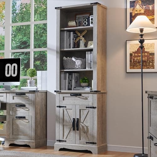 RedLemon Bookshelf with Storage Cabinet, 72" Tall Farmhouse Bookcase with Adjustable Shelves and Barn Door, 4 Tier Office Wood Bookshelf with Drawer for Office Library Living Room (Light Rustic Oak) - Image 1