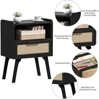 Lerliuo Rattan Nightstands Set of 2, Bedside Table with Drawer Open Shelf, Cane Accent Side End Table with Solid Wood Legs, Black Mid Century Night Stand for Bedroom, Dorm and Small Spaces - Image 7