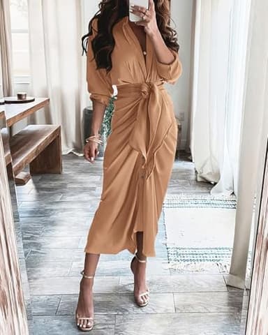 BTFBM Maxi Dresses for Women Fall 2025 Long Sleeve Lapel Neck Button Down Elegant Satin Belted Ruched Summer Shirt Dress(Light Khaki, Large) - Image 2