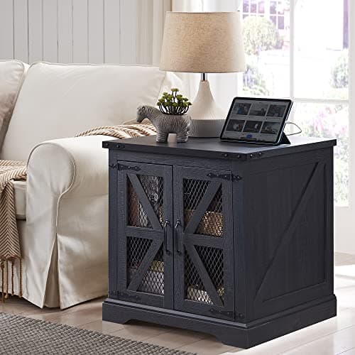 JXQTLINGMU Farmhouse End Table, 24" Large Sofa Side Table with Charging Station, Mesh Barn Door, and Adjustable Storage Shelf, Rustic Wood Square Nightstand for Living Room, Bedroom, Office, Black - Image 1