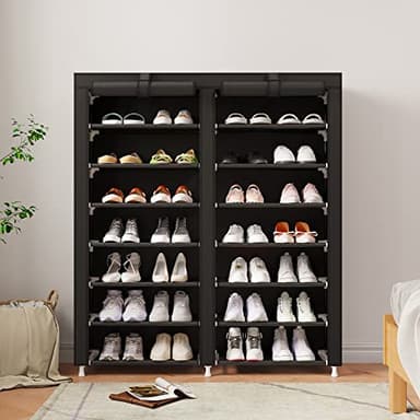 MOYIPIN Shoe Rack Storage Organizer, Double Row Portable Nonwoven Fabric Cover Shoe Rack Holds up to 28 Pairs 36.2 x 11.2 x49.2 Inches Black - Image 8