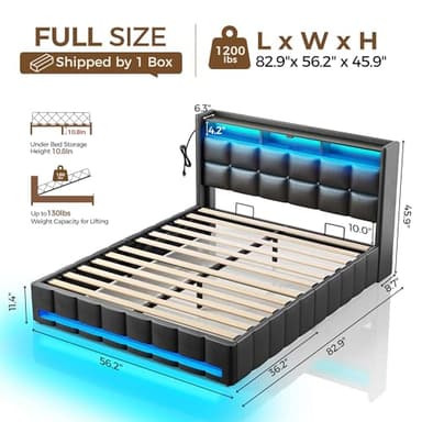 Rolanstar Bed Frame Full Size with Lift Up Storage, Charging Station & LED Lights, Upholstered Storage Headboard, Heavy Duty Wooden Slats, No Box Spring Needed, Noise Free, Easy Assembly, Black - Image 2