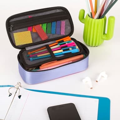 Five Star Pencil Pouch, Pen Case, High-Capacity Zipper Pouch, Storage Organizer for School Supplies Earbuds Chargers Cables Makeup, Lilac/Berry (500211F-ECM) - Image 2