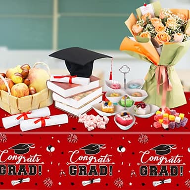 3 Pcs Graduation Tablecloth - Congrats Grad Table Cloth for Class of 2025, Disposable Plastic Rectangle Grad Table Cover for Graduation Party Decorations 2025 and Party Supplies, 54 x 108 Inch (Red) - Image 2