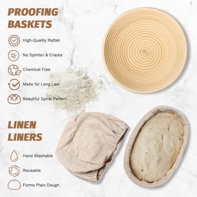 Sourdough Proofing Basket Gift Set, 9" Round and 10" Oval Banneton Bread Baking Supplies, Sourdough Baskets with Bread Lame, Danish Whish, Bowl Scraper, Sourdough Scraper, and Linen Liners - Image 2