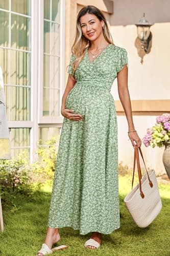 OUGES Summer Maternity Maxi Dress Wrap V Neck Baby Shower Nursing Dresses Breastfeeding 2025(Floral-8, X-Large) - Image 3