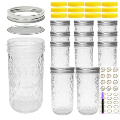 Accguan 12oz Mason Jar,Glass Jars With Regular Lids, Purple Pen, Stickers for Wedding, Party, Baby Shower, Bridal Shower, Birthday,12PCS - Image 1