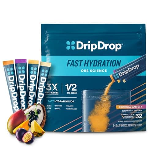 DripDrop Hydration Packets - Tropical Variety Pack - Single Serve Electrolytes Powder Drink Mix - Mango, Açaí, Passion Fruit, Piña Colada - Non-GMO, Gluten Free, Vegan - 32 Sticks - Image 1