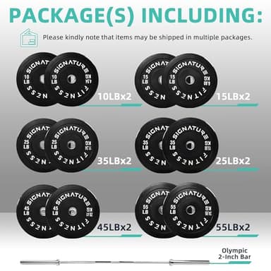 Fitvids Olympic 2" Bumper Plates Set Including 370LB Complete Weight Set (10Lb to 55LB) & 7FT Olympic Barbell Bar(415 Pounds Total), Multiple Packages - Image 2