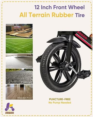 KRIDDO Kids Tricycle, 12 Inch Puncture Free Wheel w Front Light, Adjustable Seat Height, Gift for 2-5 Year Olds, Trike for Toddlers, Black - Image 6