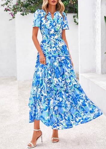 PRETTYGARDEN Women's 2025 Summer Boho Maxi Dresses Floral Short Sleeve V Neck A Line Tiered Flowy Long Beach Vacation Dress (Floral Blue,Large) - Image 4