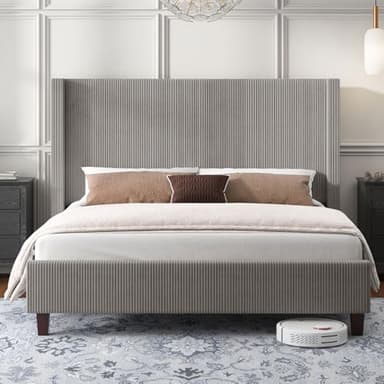 HOWE King Size Upholstered Platform Bed Frame, Wingback Bed with 50.8" Headboard, Corduroy/Solid Wood Leg/No Box Spring Needed/Noise Free/Taupe - Image 3