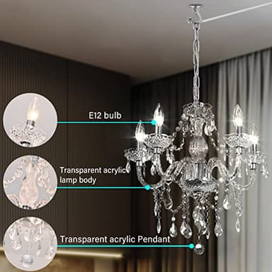 Plug-in 5 Light Crystal Hanging Pendant Lights Acrylic Chandelier with Clear Cord & On/Off Switch H19 D19.7 for Kitchen Island Girls' Room Dining Area Laundry Pavilion. - Image 2