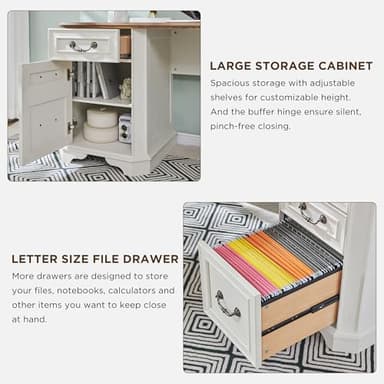 T4TREAM 59" L Shaped Desk with Hutch,Victorian Wood Computer Desk, Featuring Charging Station,File Drawer, Storage Cabinet,for Home Office Work and Study (Antique White) - Image 5