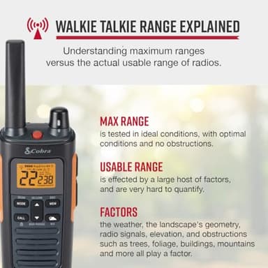 Cobra RX680 Walkie Talkies (2-Pack) - Rugged & Splashproof Two Way Radios Long Range, IP54 Water Resistant Design, 60 Pre-Programmed Channels, Weather Alerts, Included Charging Dock (Black/Orange) - Image 2