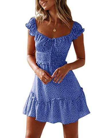 YOBECHO Womens Summer Ruffle Sleeve Sweetheart Neckline Printing Dress Mini Dress Blue - Image 1