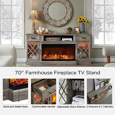 OKD 3-Sided Glass Farmhouse Fireplace TV Stand - Highboy Entertainment Center with Glass Door Storage Cabinet, 70'' Large TV Stands with Electric Fireplace, Light Rustic Oak - Image 5