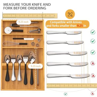 Yofidra Pure Bamboo Silverware Drawer Organizer: 16.53" Lx10 Wx1.93 H Large Silverware Utensil Tray Holder, 3-Compartment with 6 Card Slots Kitchen Flatware Organizer for Spoons Forks Knives - Image 2