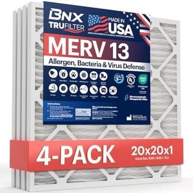 BNX TruFilter 20x20x1 MERV 13 (4-Pack) AC Furnace Air Filter - MADE IN USA - Electrostatic Pleated Air Conditioner HVAC AC Furnace Filters - Removes Pollen, Mold, Bacteria, Smoke - Image 1