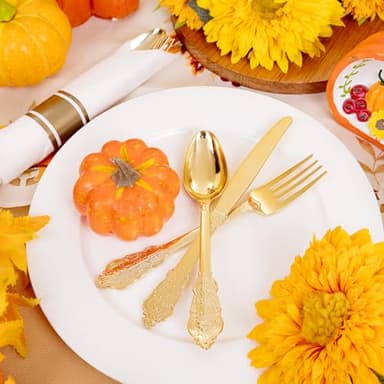 Liacere 400PCS Gold Plastic Silverware - Pre Rolled Napkins Disposable Gold Plastic Cutlery-Premium Quality Utensils-Includes 100Forks,100Knives,100Spoons,100Napkins&Wedding&Thanksgiving - Image 3