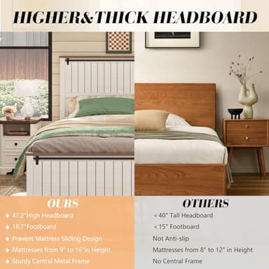 AMERLIFE Farmhouse Full Size Bed Frame with Sliding Barn Door, Wooden Rustic Platform Bed Frame with 47" Tall Headboard, Noise-Free, Solid Wood Slats & Metal Support, No Box Spring Needed, White - Image 5