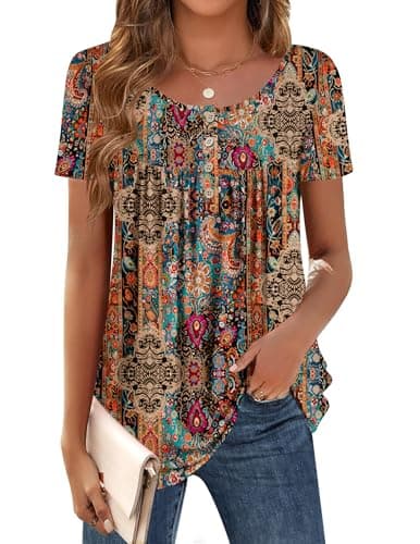 Zeagoo T Shirts for Women Short Sleeve Boho Floral Tops Causal Tunic Tee Tshirts 2025 Trendy Summer Clothes X-Large - Image 1