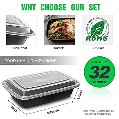 WGCC Meal Prep Containers, 32OZ 50 Pack Extra-thick Food Storage Containers with Lids, Plastic Microwavable Bento Box Reusable Storage Lunch Boxes BPA Free, Stackable, Dishwasher/Freezer Safe - Image 3