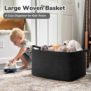 Goodpick Large Blanket Basket Living Room, 21.6" x 14.9" x 11.8" Woven Storage Basket for Blankets, Toys, Rectangle Rope Dirty Clothes Baskets for Nursery, Bedroom, Black - Image 3