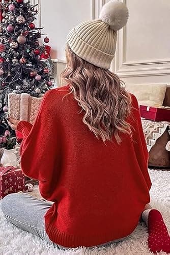 Women Merry Christmas Sweater 2025 Funny Holiday Knitted Sweaters Oversized Turtleneck Batwing Sleeve Xmas Pullover Tops Red - Image 4