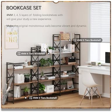 4NM 5 Tiers No Assembly Book Shelves, 51.2" H Folding Bookshelf Bookcase Open Industrial Foldable Shelves for Bedroom, Living Room, Home Office - Rustic Brown Black - Image 5