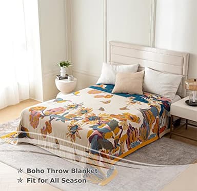 Boho Throw Blanket 100% Cotton Ultra Soft Bed Throw Large Fall Blanket Floral Bird and Butterfly Farmhouse Decor Bed Blankets,60"×80" All Season Blankets for Sofa Couch Chair - Image 3